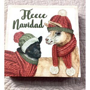 Fleece Navidad Wooden Holiday Decor Block 5” GiftCraft*Sheep & Llama*Christmas